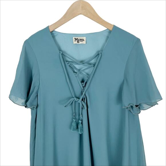 Show Me Your Mumu Kylie Lace Up Mini Dress in Poolside Chiffon Size Small - Picture 4 of 7
